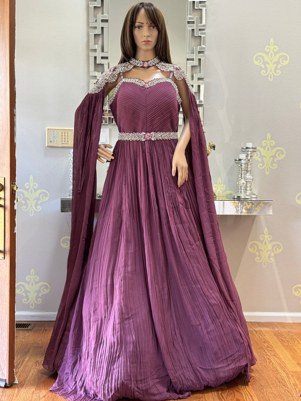 Majenta Designer Long Gown with Neckline Butterfly Sleeve