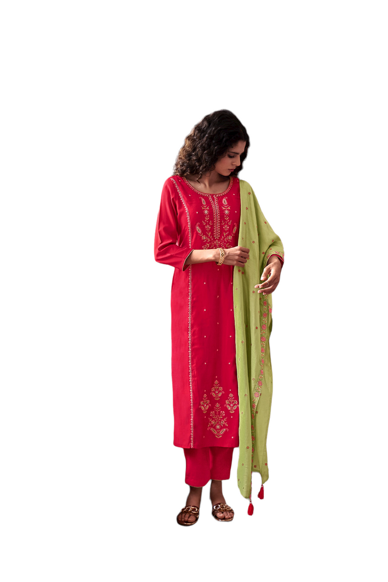 Women's Bright Red & Green Salwar Suit