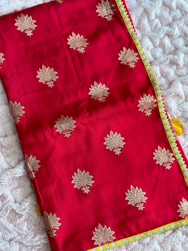Red with Yellow Contrast Blouse Viscose Dola Saree