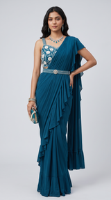 Blue Floral Blouse Drape Saree – Size L