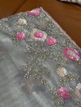 Silver Self Floral Netted Saree