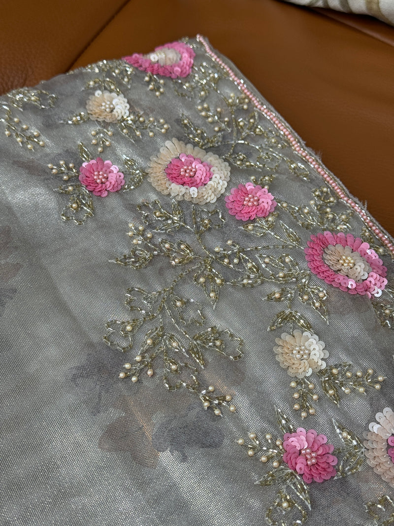 Silver Self Floral Netted Saree