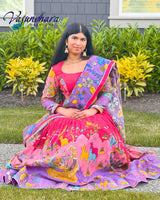 Pink and Lavender Hand Painted Silk Kalamkari Lehenga