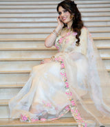White and Pink Floral Organza Saree