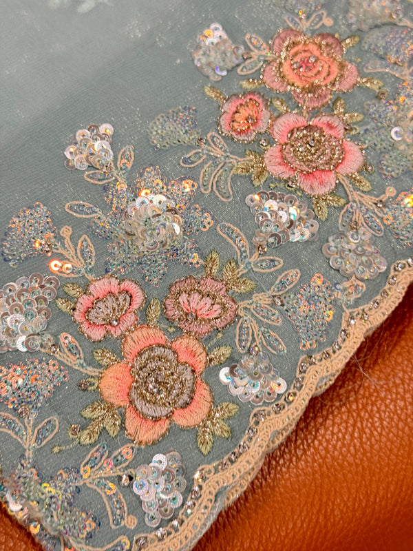 Bluish Embroidery Soft Organza Saree