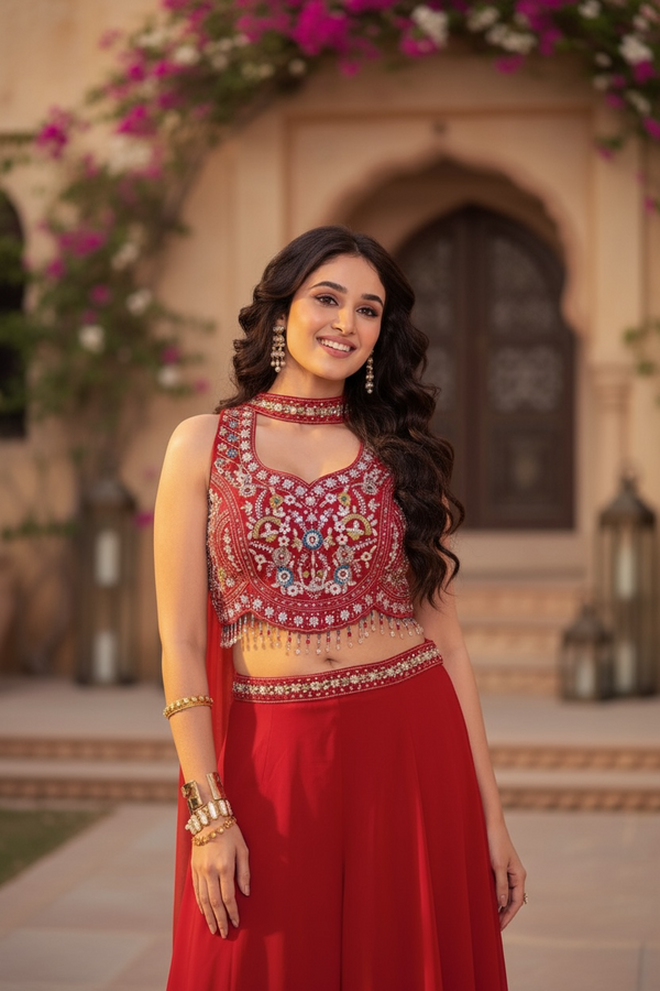 Red Croptop Palazzo Suit