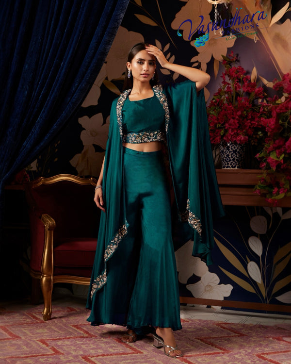 Peacock Green Croptop Cape Set