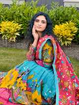 Blue and Pink Hand Painted Silk Kalamkari Lehenga