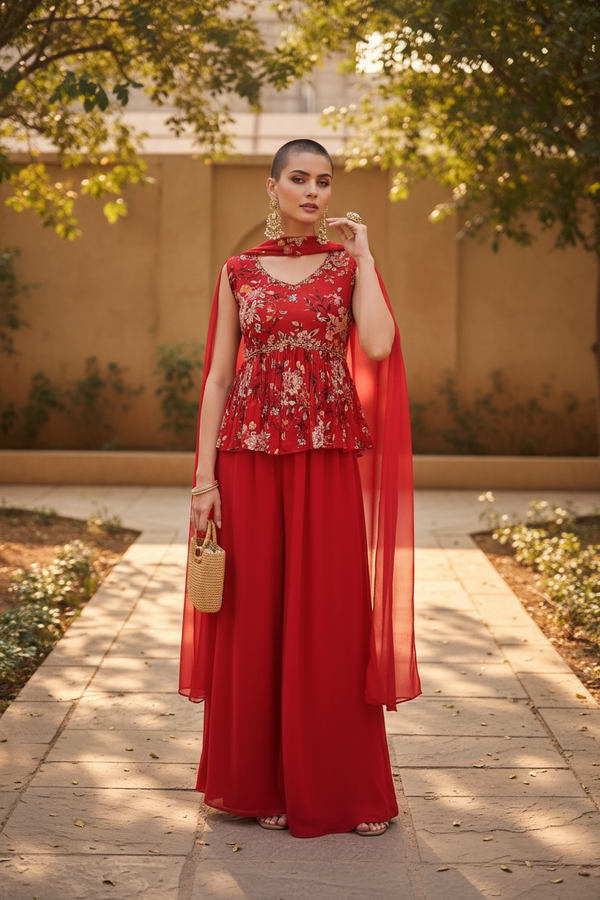 Red Short Peplum Palazzo Suit