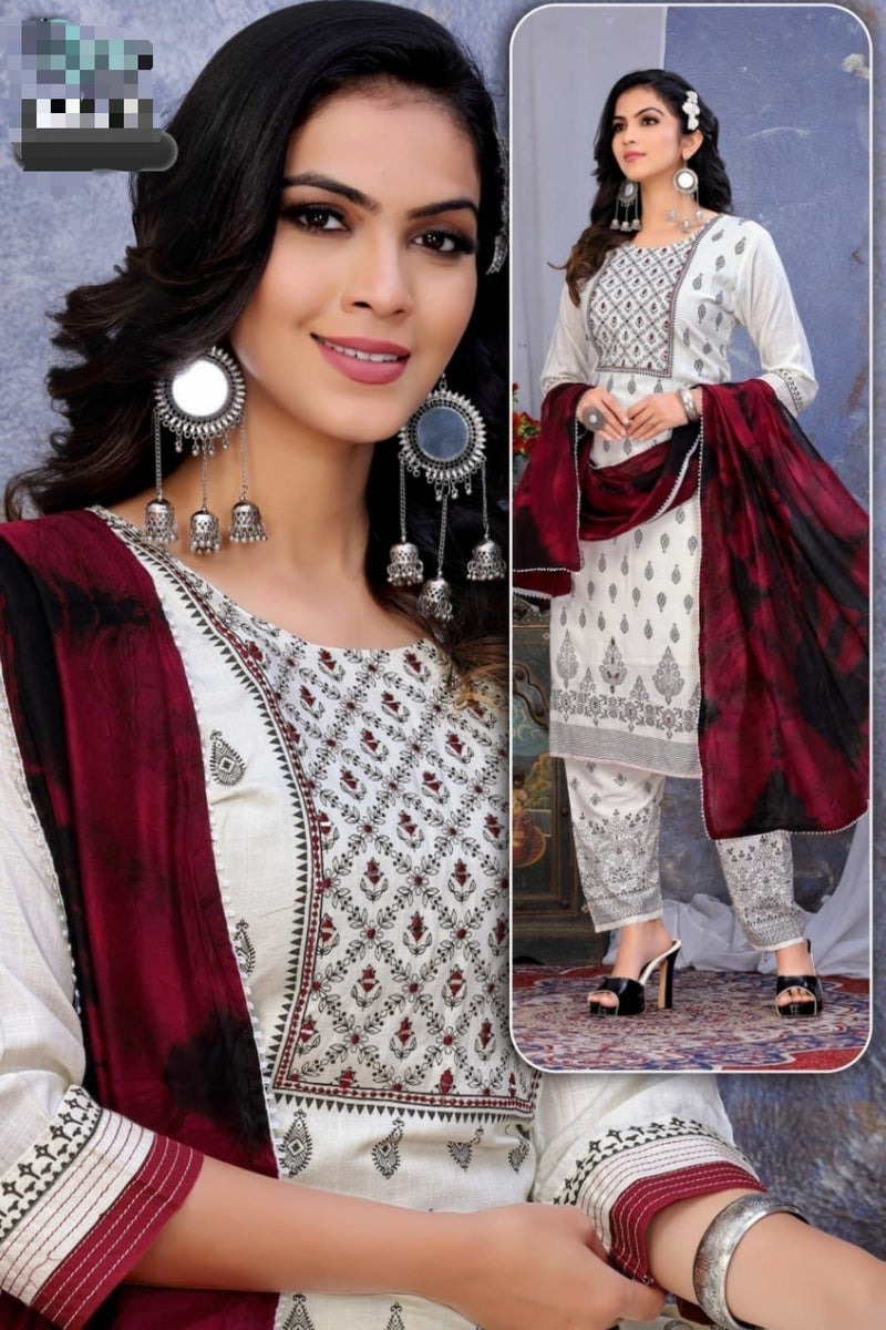White with Maroon Dupatta Cotton Suit