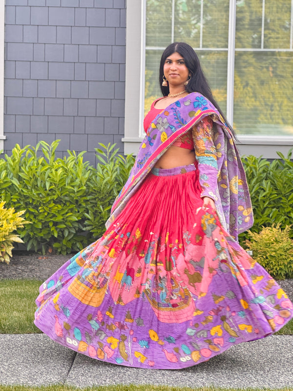 Pink and Lavender Hand Painted Silk Kalamkari Lehenga