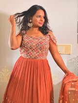 Orange Digital Print Chiffon Organza Gown