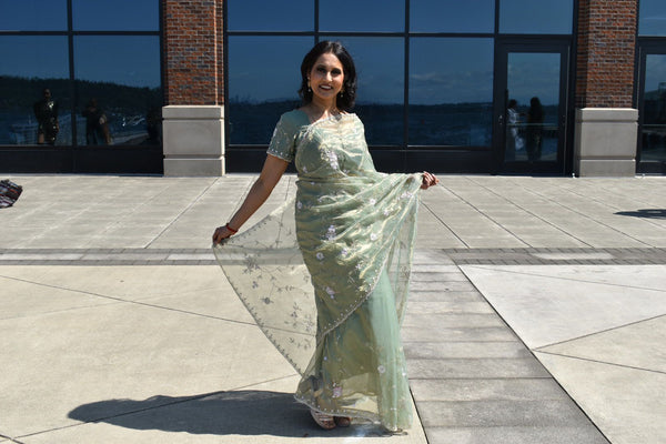 Green Organza Tissue Saree