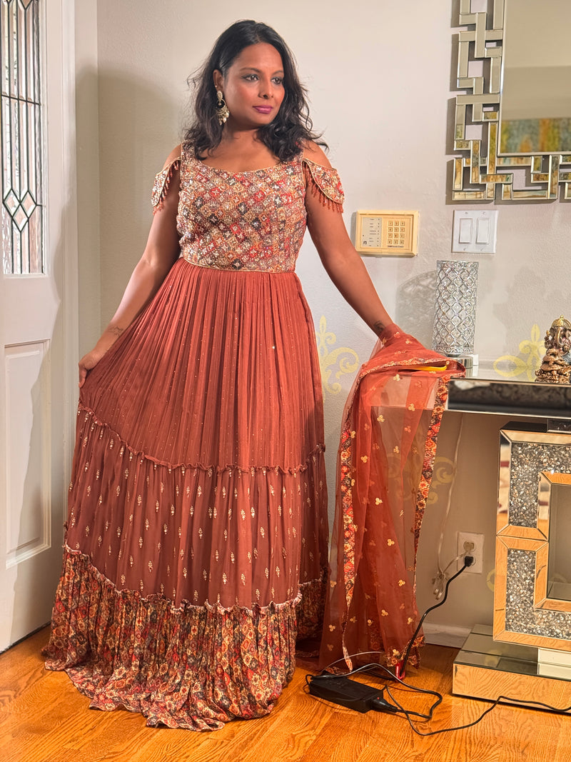 Orange Digital Print Chiffon Organza Gown
