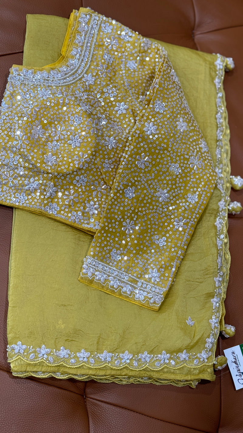 Yellow Crush Russian Silk Saree with Heavy Blouse