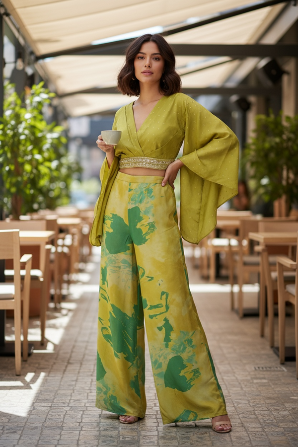 Green with Abstract Indo Western Palazzo Suit