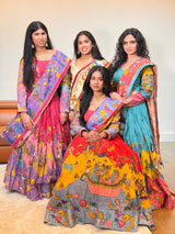 Pink and Lavender Hand Painted Silk Kalamkari Lehenga