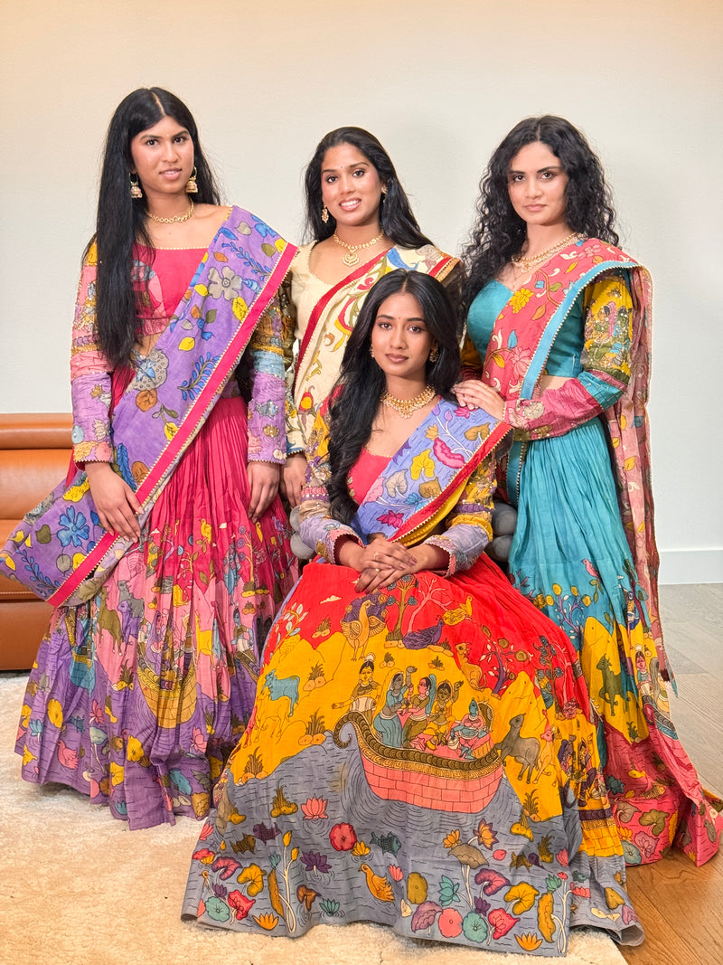 Pink and Lavender Hand Painted Silk Kalamkari Lehenga