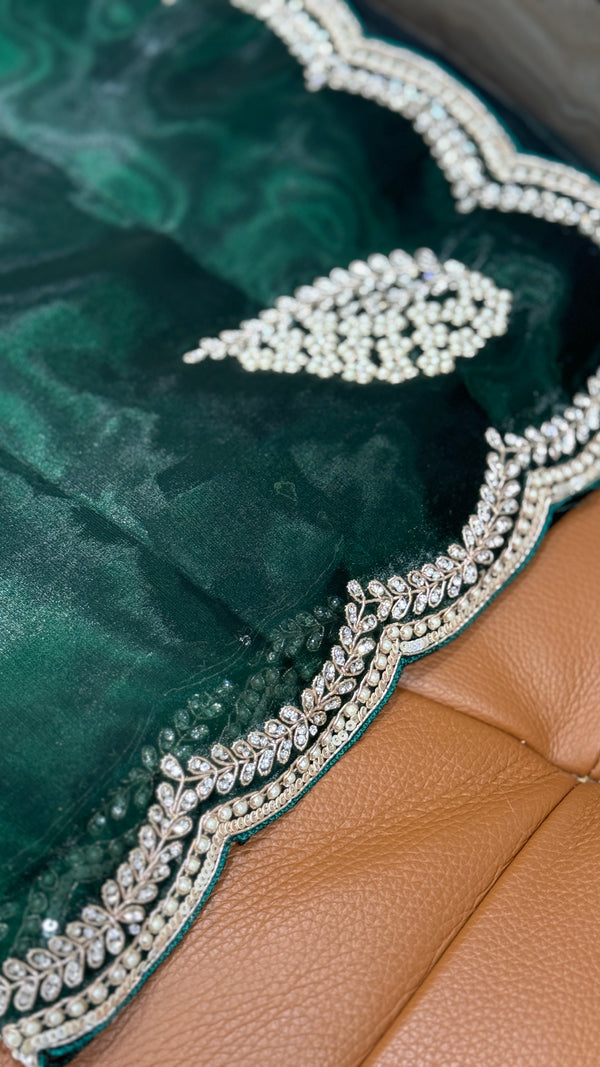 Emerald Green Pearl work Organza Saree