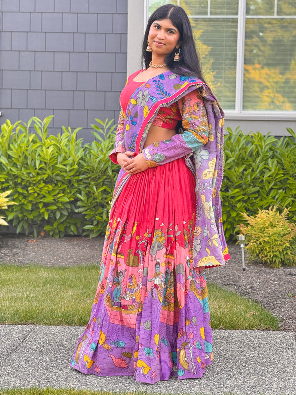Pink and Lavender Hand Painted Silk Kalamkari Lehenga