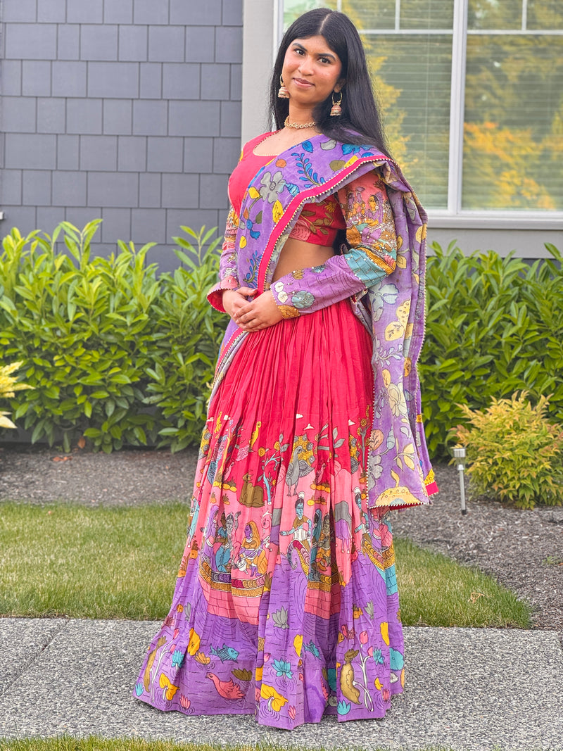Pink and Lavender Hand Painted Silk Kalamkari Lehenga