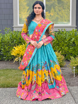 Blue and Pink Hand Painted Silk Kalamkari Lehenga
