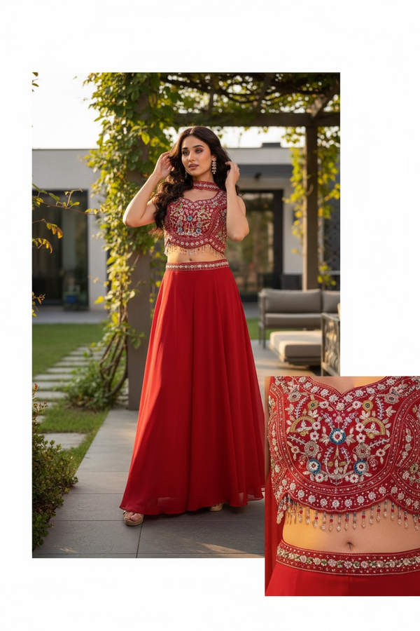 Red Croptop Palazzo Suit