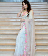 White and Pink Floral Organza Saree