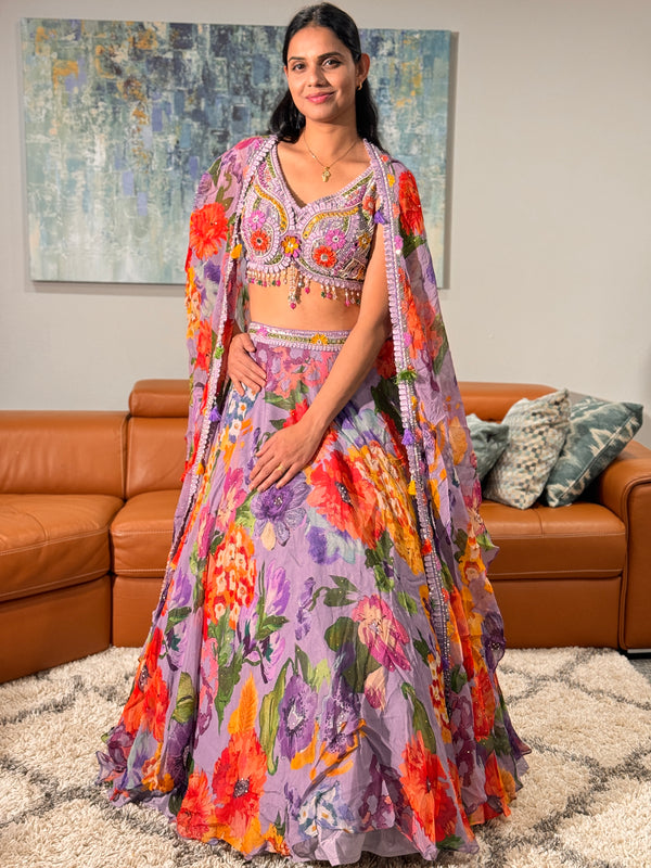 Chiffon Floral Cape Lehenga