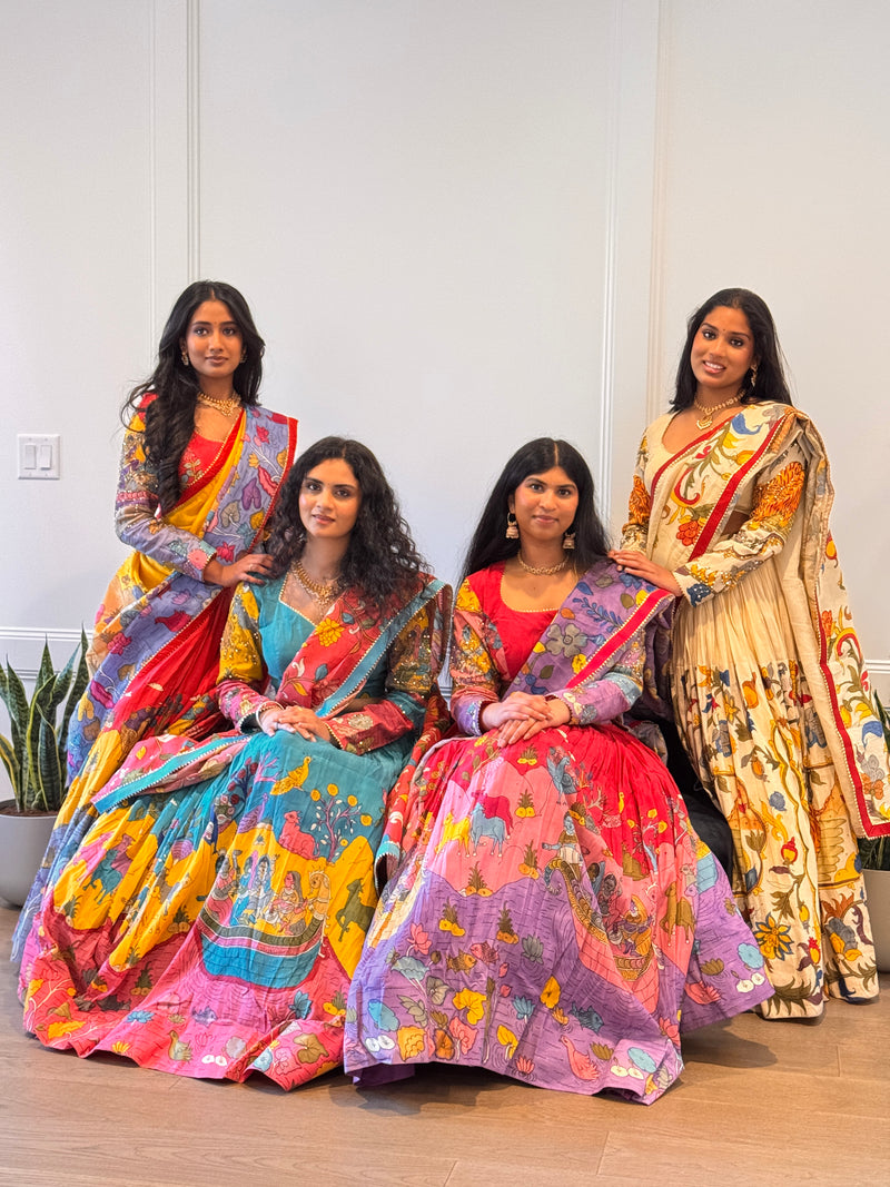 Pink and Lavender Hand Painted Silk Kalamkari Lehenga