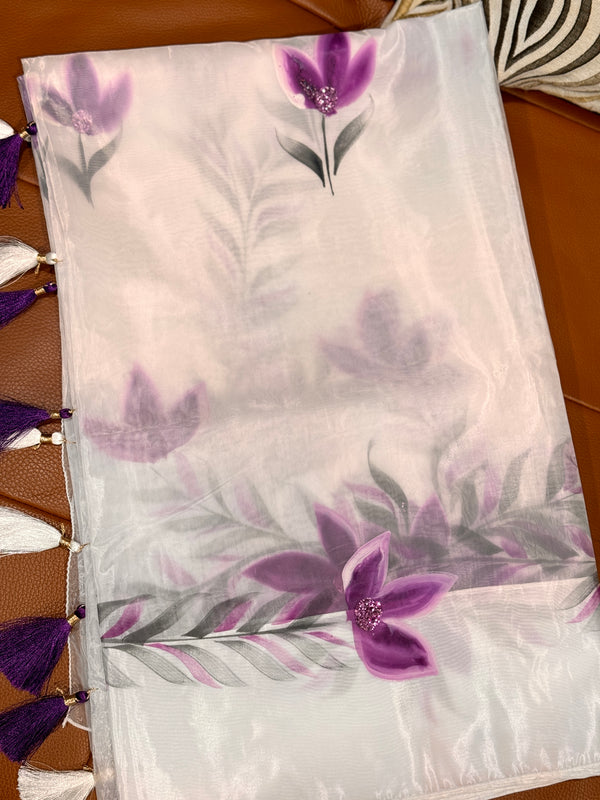 White & Purple Organza Saree