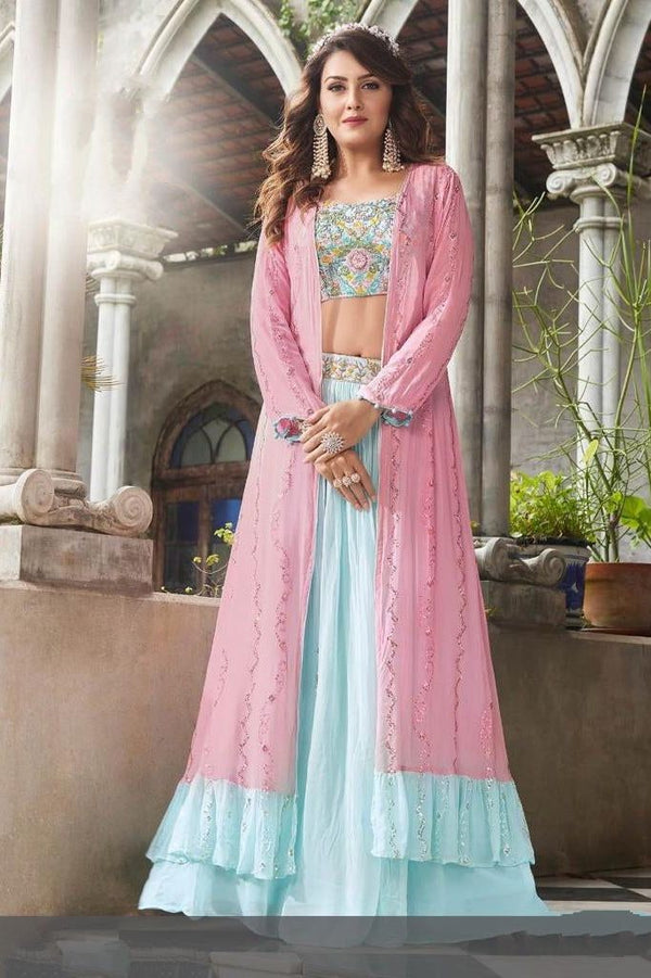 Pink sequined crop top and georgette flared lehenga with dupatta - set of  three by The Anarkali Shop | The Secret Label