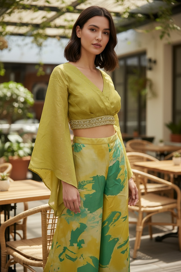 Green with Abstract Indo Western Palazzo Suit