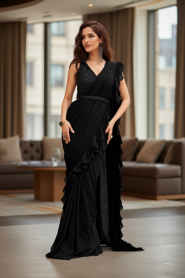 Black Ruffle Drape Saree