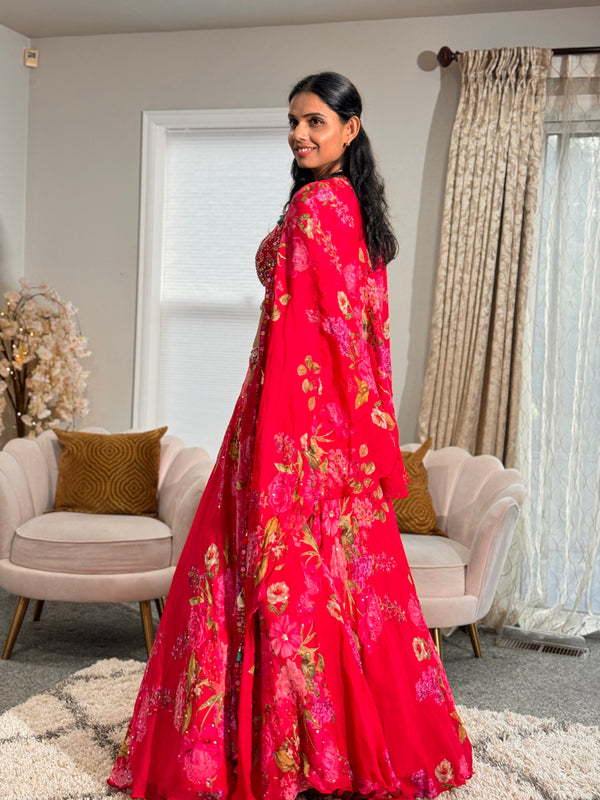 Pink Floral Cape Lehenga