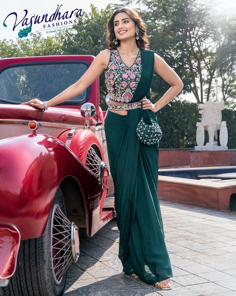 Green Drape Saree with Potli bag