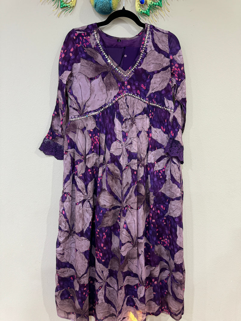 Purple Synthetic Floral Aliya Cut Suit