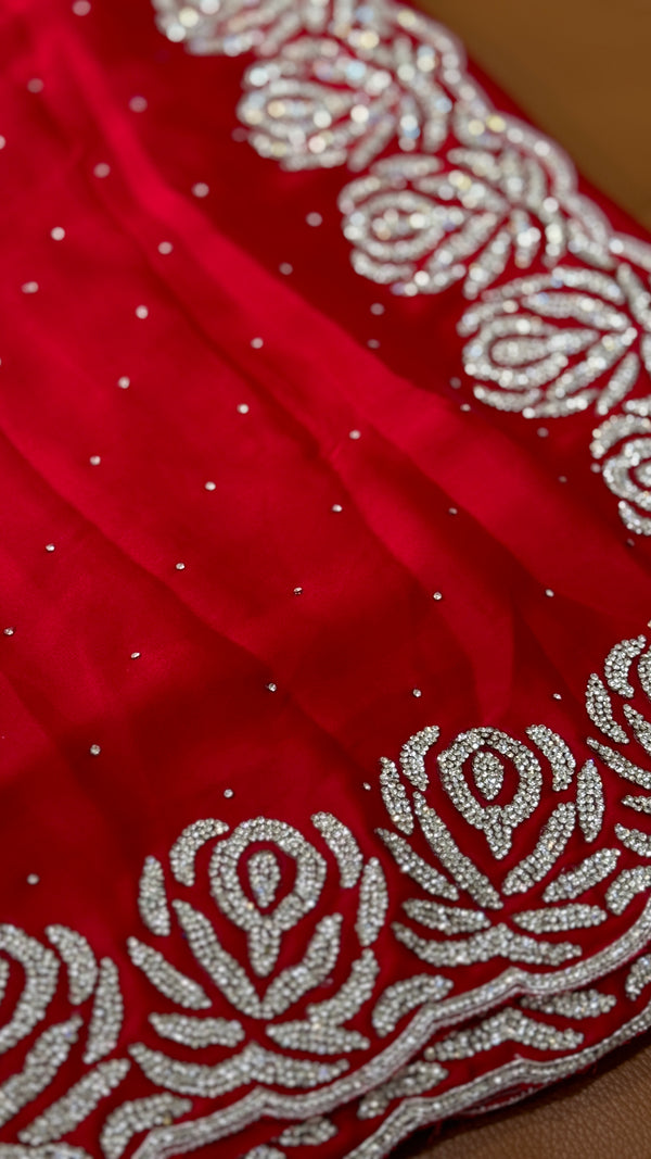 Red Stone work Satin Saree