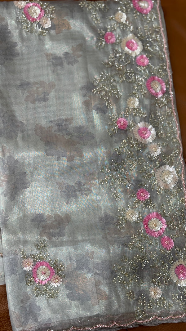 Silver Self Floral Netted Saree
