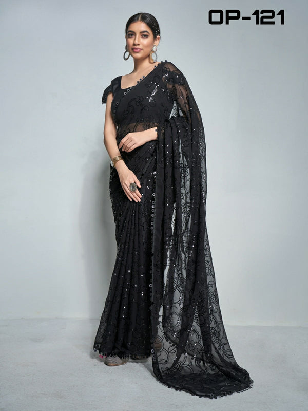 Black Chiffon Sequins Saree