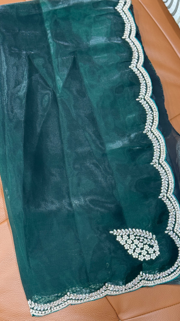 Emerald Green Pearl work Organza Saree