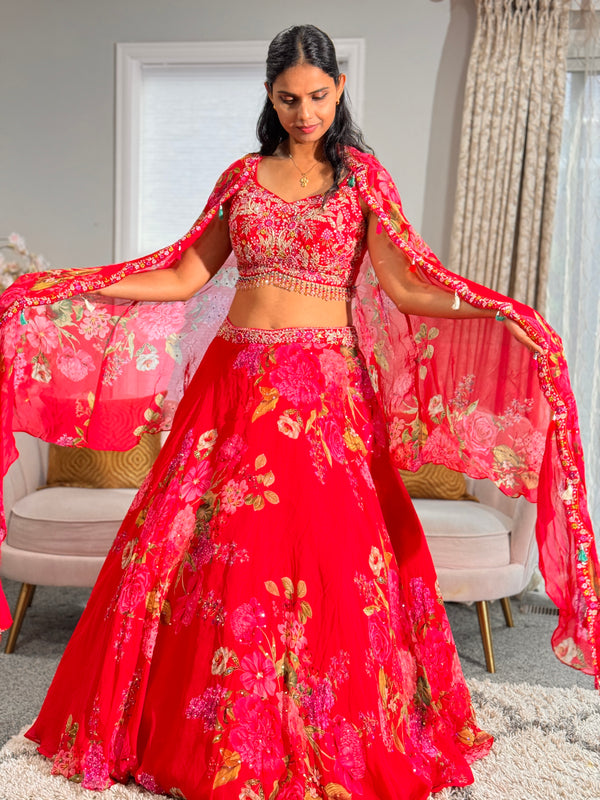 Pink Floral Cape Lehenga