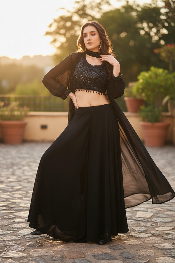 Black Croptop Palazzo Suit with Neck Sleeves