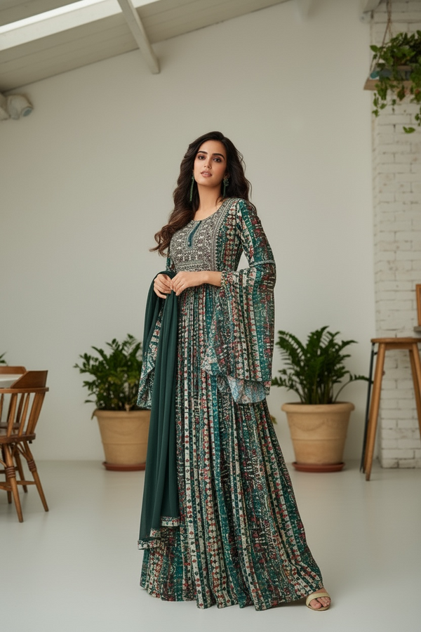 Green Designer Sleeves Chiffon Long Suit