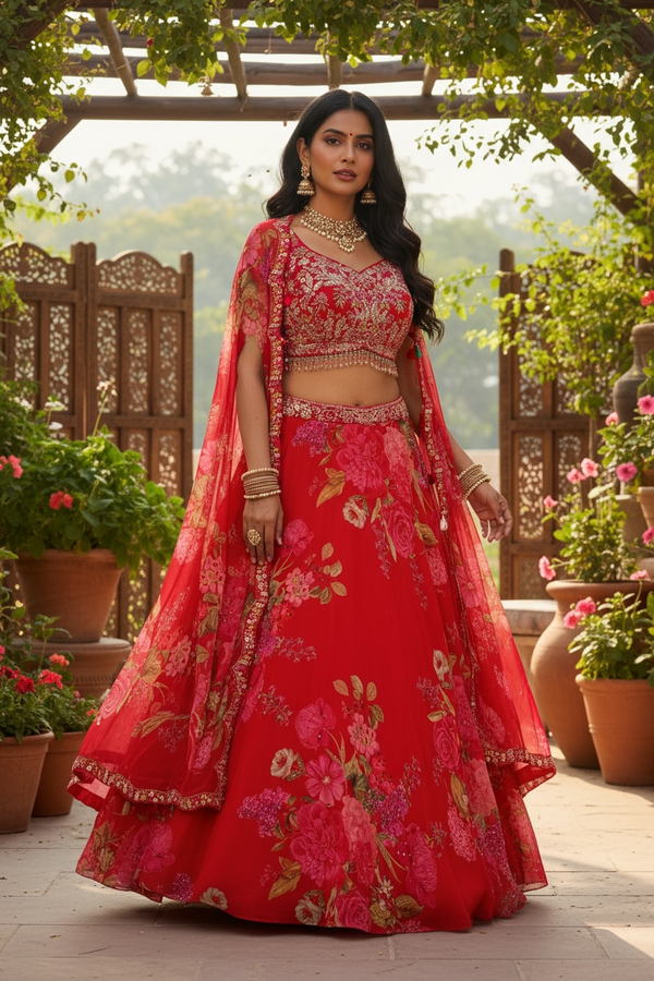 Pink Floral Cape Lehenga