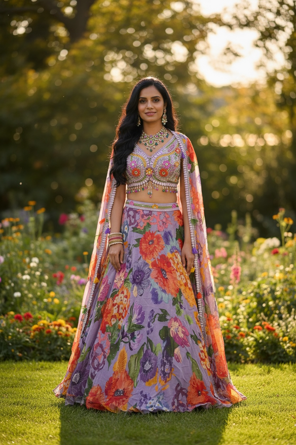Chiffon Floral Cape Lehenga