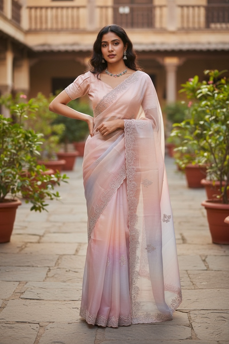 Moonlight Peach Organza Saree