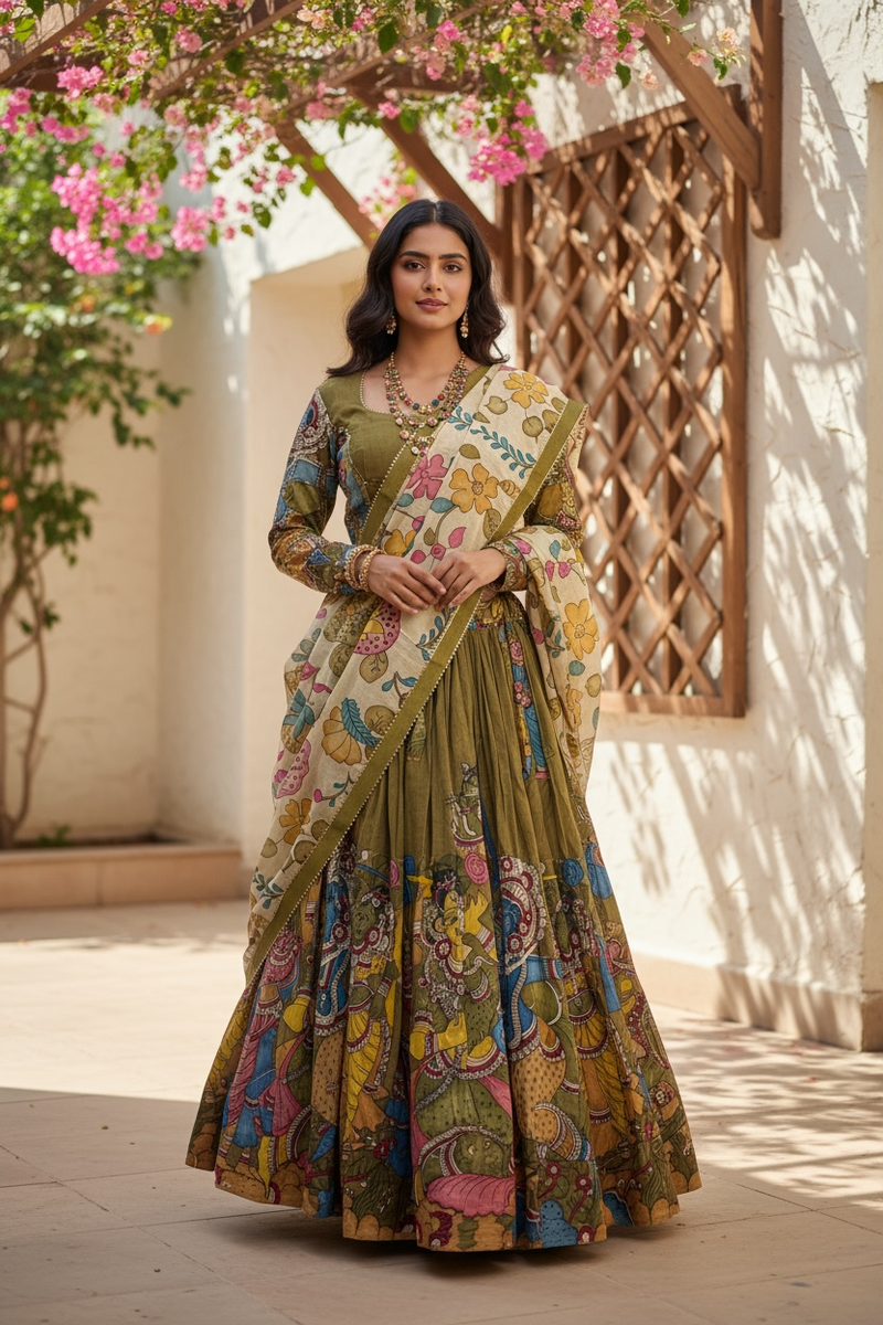 Green and cream Hand Painted Silk Kalamkari Lehenga