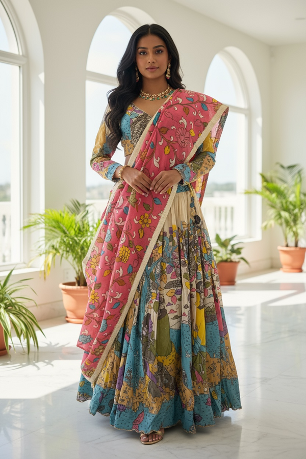 Cream and Pink Hand Painted Silk Kalamkari Lehenga