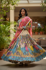 Cream and Pink Hand Painted Silk Kalamkari Lehenga